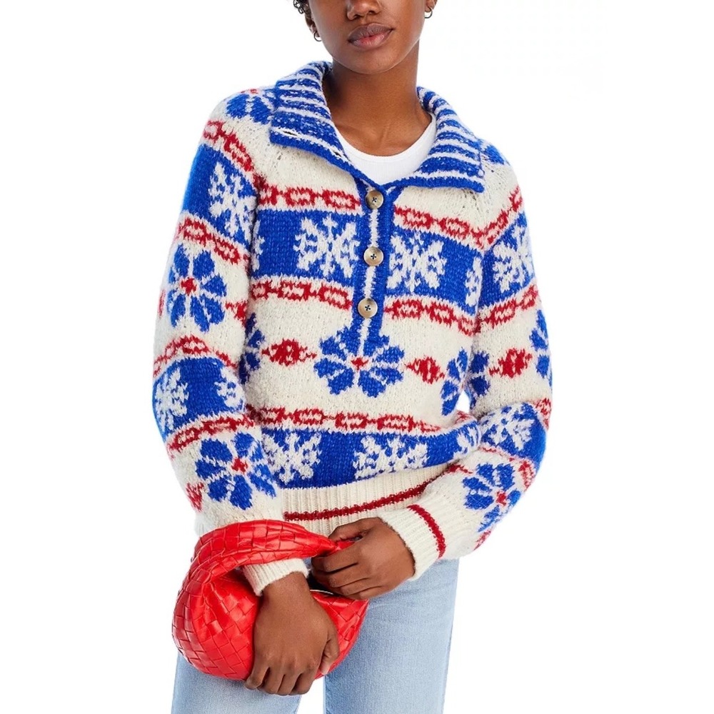 Mother The Buttoned Funnel Jumper Snow Daze Alpaca Fair Isle Sweater XL 81326